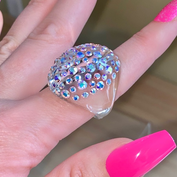 Clear Acrylic Ring Embellished With Aurora borealis Swarovski Crystal stones. - Picture 6 of 12